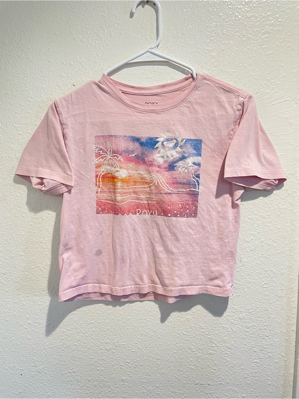 🌸 Roxy Girl Pink Watercolor Beach Sunset Oversized Tee Size 7 Flawed